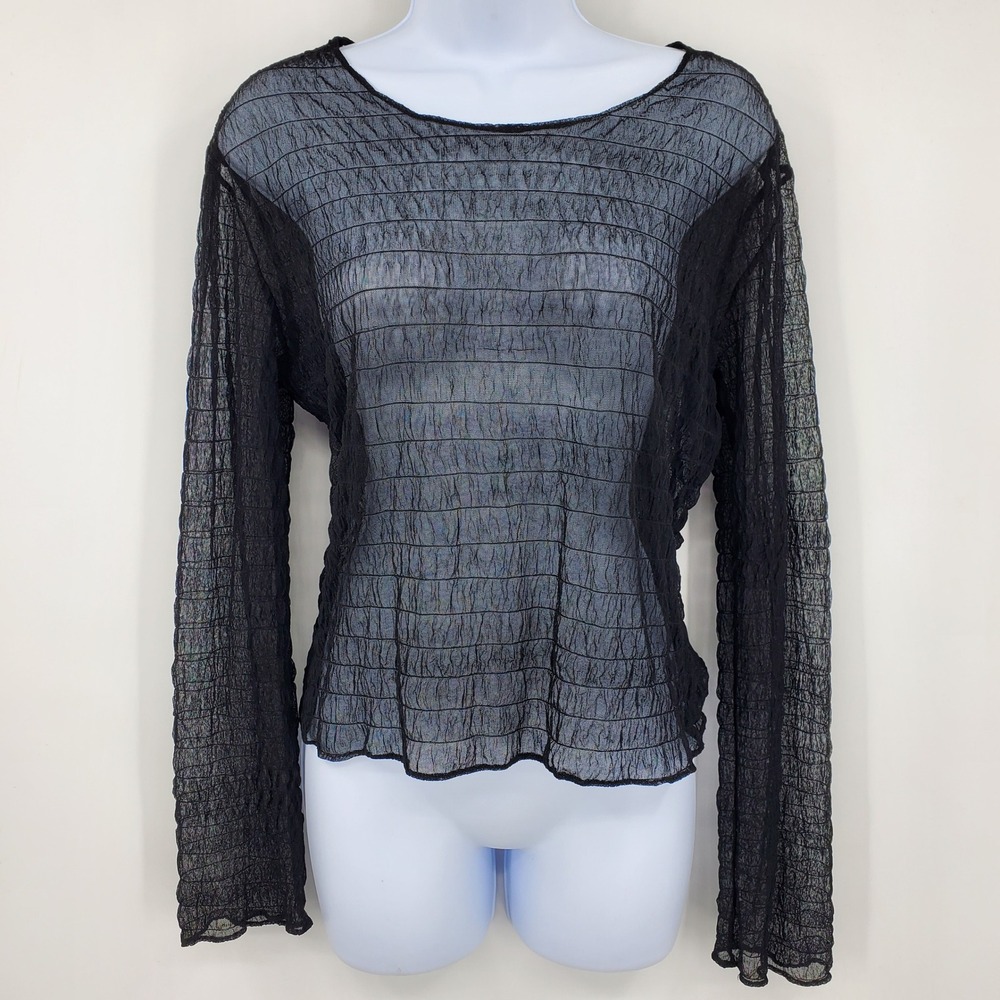 Vintage Girlfriends Y2K Black Crinkle Mesh Long Sleeve Sheer L Goth Grunge Vamp